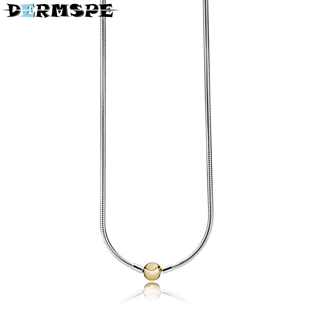 

DERMSPE 925 Sterling Silver MOMENTS Necklace with 14ct Gold Round Clasp Fit Charm Diy Original Merry Christmas Jewelry