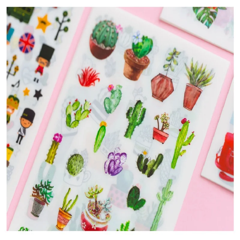 

6 Sheets Fresh Cactus & Green Plants Adhesive Stickers Decorative Album Diary Stick Label Paper Hand Account Decor