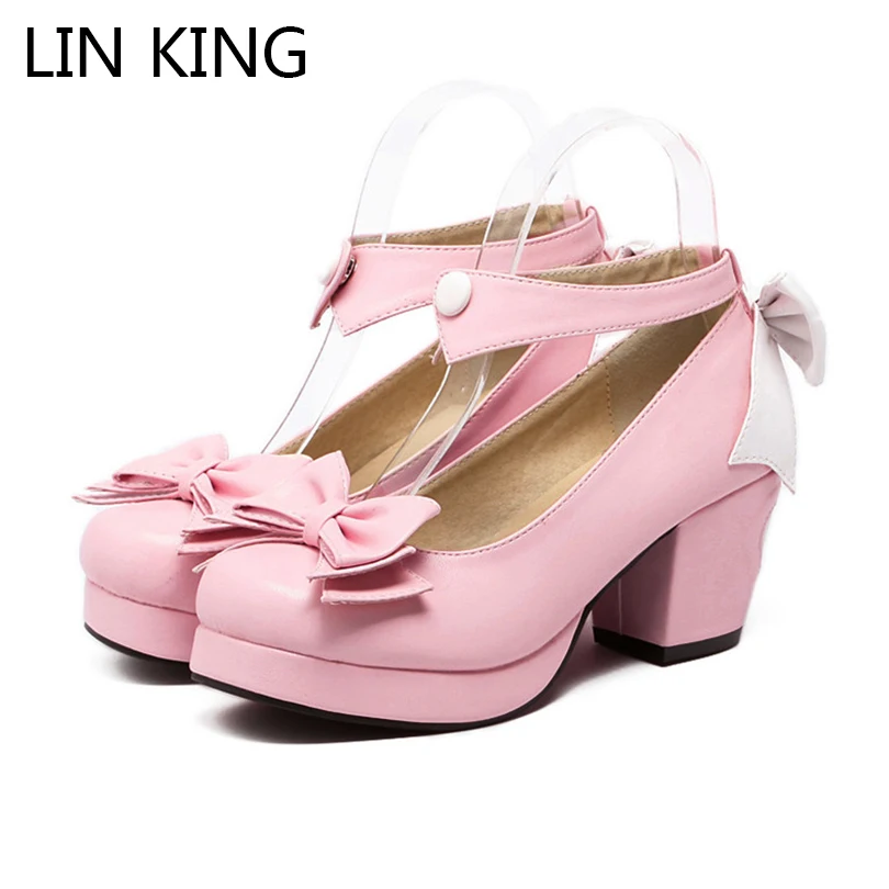 LIN KING/модные зимние ботинки квадратный каблук Для женщин лодочки Милая Бабочка Высокое Высокая платформа; туфли в стиле Лолиты Ремешок на щиколотке Косплэй обувь для вечеринки, свадебные туфли