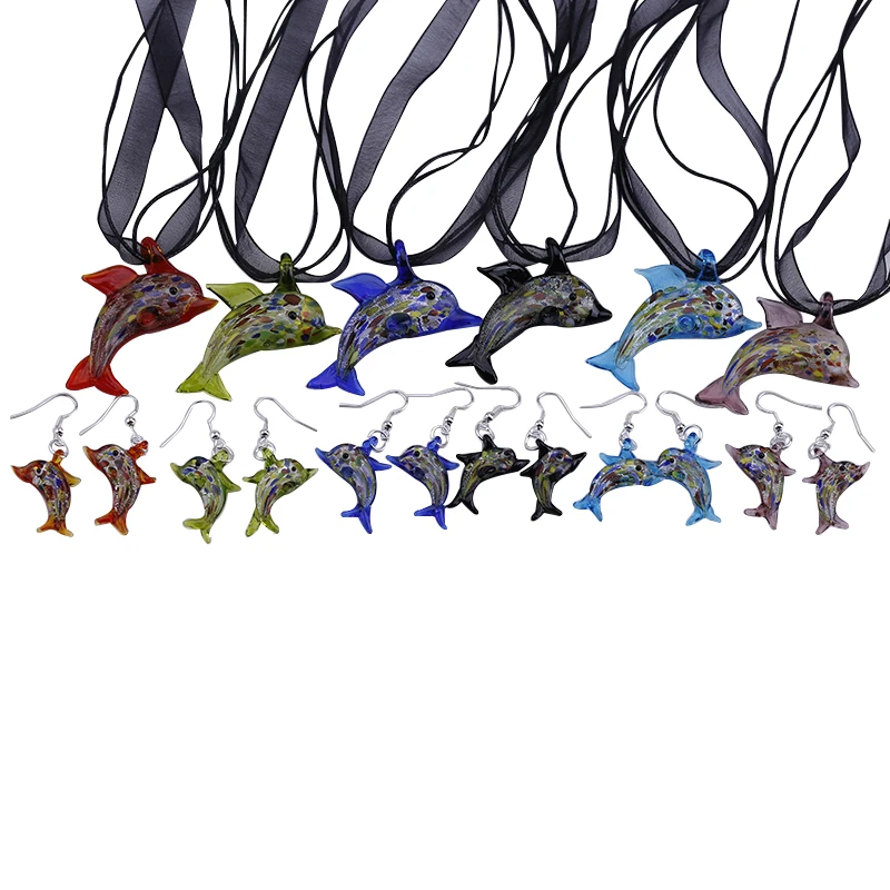 

Free shipping 1Sets/Lot dolphin shape Lampwork Glass Murano Pendant Necklace Earrings FASHION