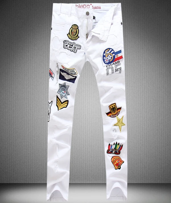 

Fashion Embroidery Men White Jeans Fashion Slim Cuout Epaulet Trousers
