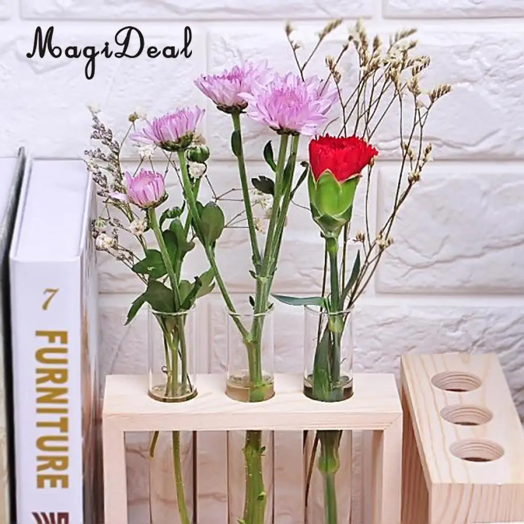MagiDeal Хрустальная стеклянная ваза пробирки в деревянной подставке для цветов домашние декоративные растения аксессуары