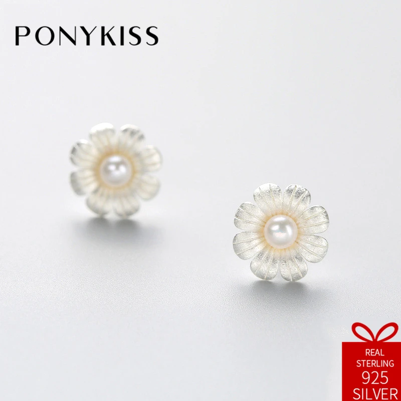 

PONYKISS Classic S925 Sterling Silver Cute Pearl Flower Stud Earrings Prevent Allergry Fashion Jewelry Girl Birthday Fine Gift