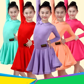 

Latin Dance Dress For Girls Long Sleeve Lapel Children Latin Competition Dresses Salsa Samba Practice Dancing Clothes DN2691