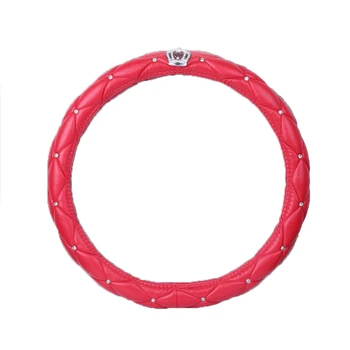 

Red Car Steering Wheel Cover PU Leather 38CM For Women Girl Rhinestone Crystal Diamond Crown Styling Auto Interior Decoration