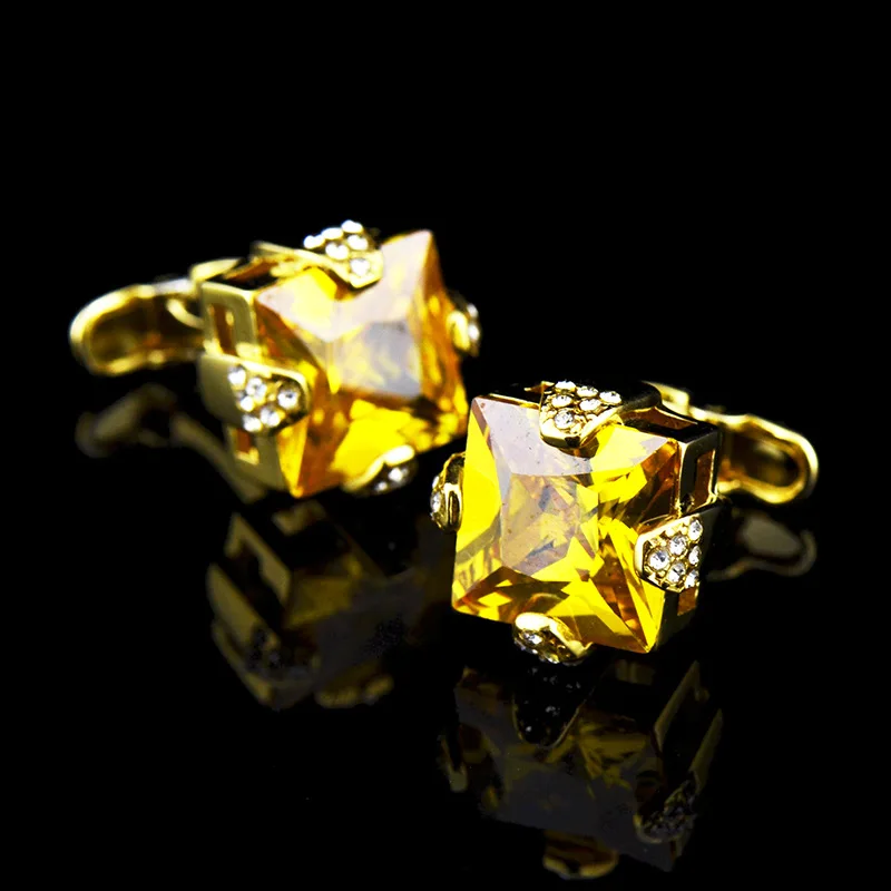 

Bridegroom Wedding Evening Party Men French Shirts Cuff Links Golden Yellow Crystal Cufflinks Rhinestone Cufflink With Gift Bag