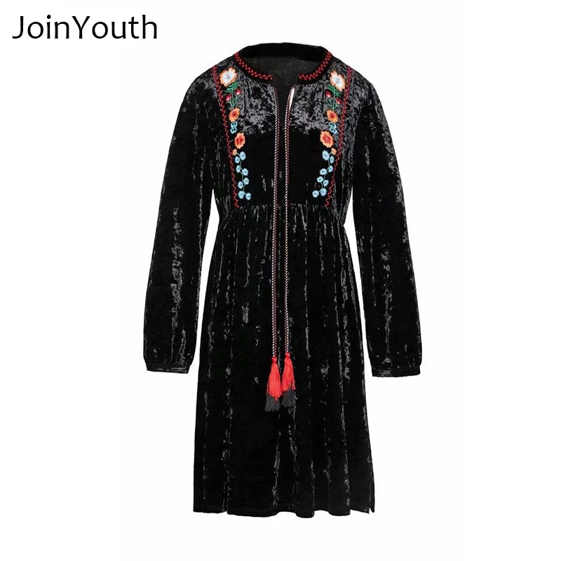 

JoinYouth Embroidery Black Full Sleeve Folk Dress