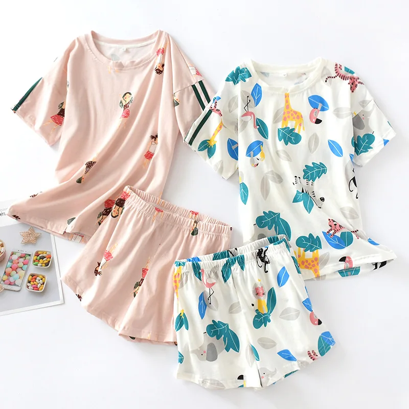 

New Women's 100% Cotton Pajamas Sets Ladies Summer Short-sleeved Shorts Pyjamas Set Cute Cartoon Print Home Wear Korean Pijamas
