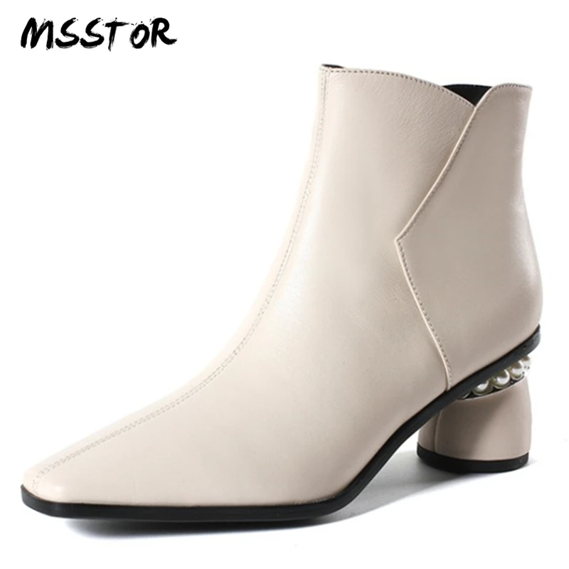 

MSSTOR String Bead Off White Leather Boots Women Rubber Plus Size 43 Fashion Concise Zipper Women Heels Square Toe Ankle Boots
