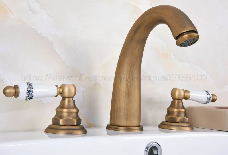 Antique Brass Bathroom Sink Faucet Widespread 3pcs Ceramics Handles Basin 3 Holes Mixer Tap zan079