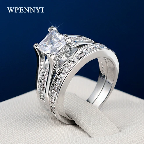 

Top Quality 2 pcs Ring Set Silver Color Shiny Square 6mm 0.75ct Zirconia Princess cut 4 Prong Wholesale Woman Gift Anti-allergic