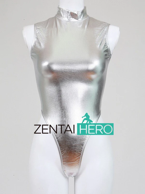 ZentaiHero Sexy Women's Zentai Bodysuit Shiny Metallic Zip Back T High-Cut Leotard Sleeveless Catsuit Fancy Dress MY053 (5)