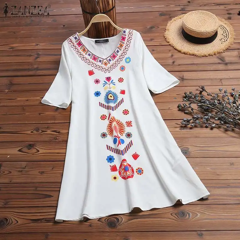 ZANZEA летний сарафан женское платье Элегантное цветочное Vestidos женское платье с коротким рукавом платье с принтом плюс размер Tunic туника