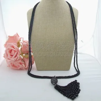 

N061707 42" 2 Strands Round Onyx Long Necklace CZ Pendant