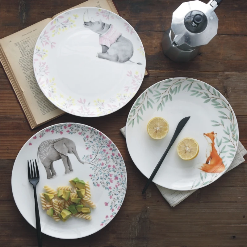 1pc 10 inches Ceramic Dinner Plate Pastoral Animal Dinner Dishes Pasta Steak Dessert Plates Fine Bone China Kitchenware Fox Bear