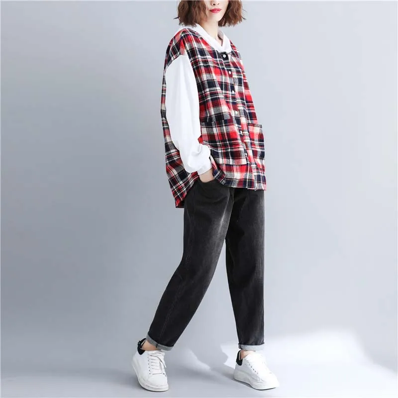 Красный Autumn Long Sleeve Vintage Cardigan Women Jackets Plus Size Cotton Thin Shirt Coats Loose Plaid Splice Coat Outerwear 5XL - Цвет: Красный