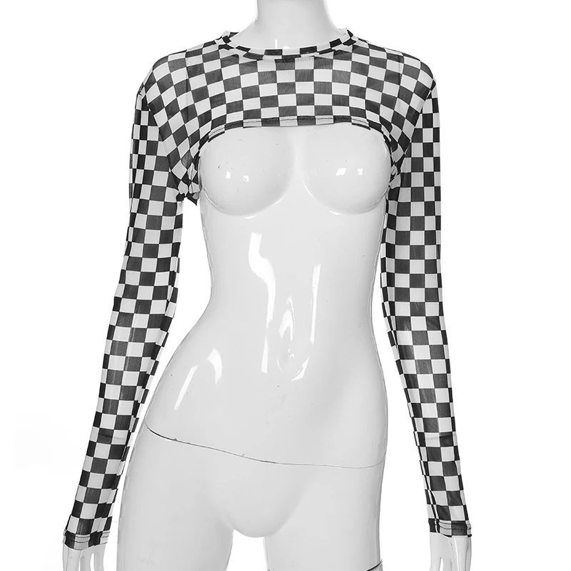 HEYounGIRL, прозрачные женские укороченные топы в клетку, блуза, сексуальная клетчатая футболка, уличная одежда с длинным рукавом, летние топы, футболки