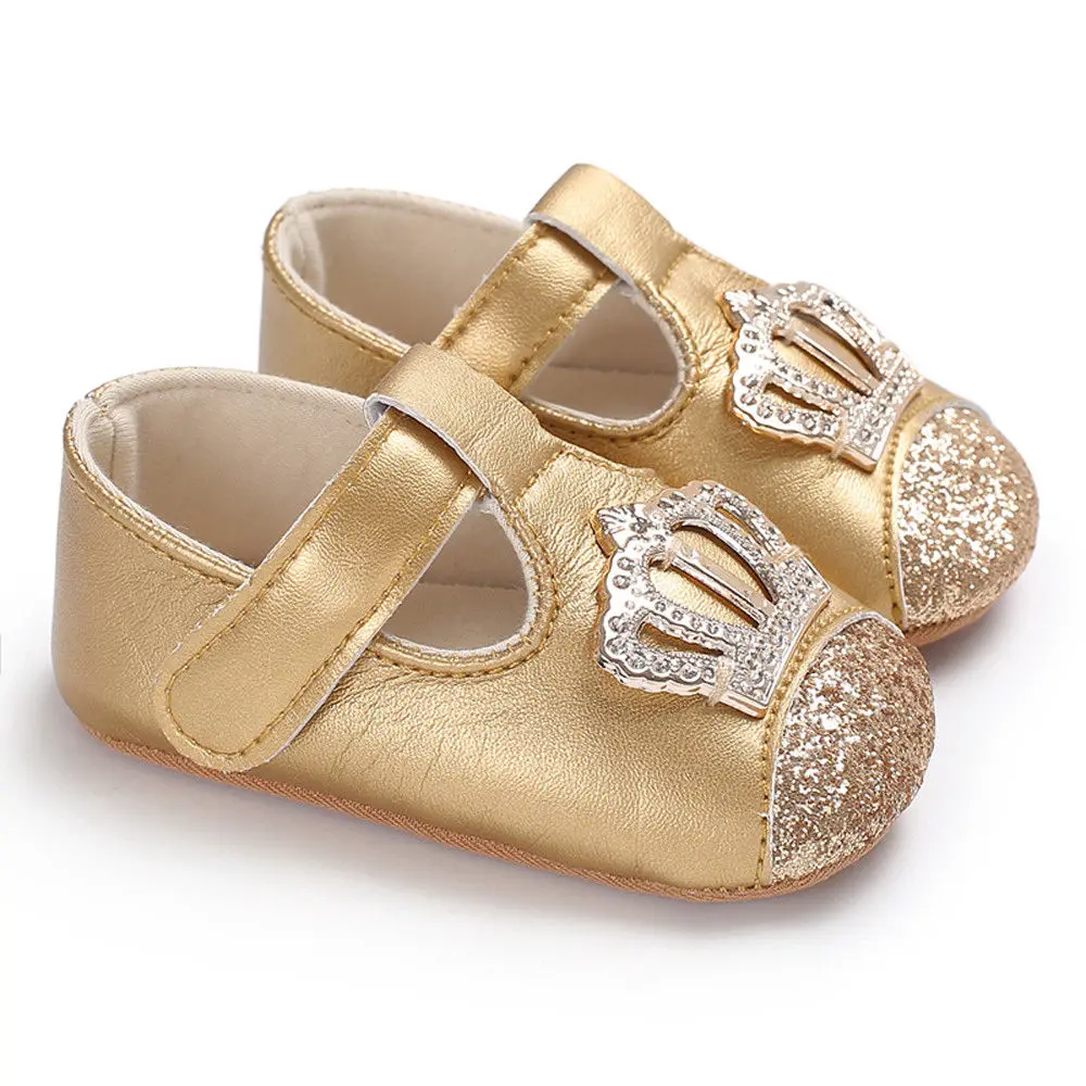 Детская обувь для новорожденных девочек 0-18 месяцев с мягкой подошвой из искусственной кожи; нескользящие кроссовки с геометрическим рисунком; одна пара - Цвет: Золотой