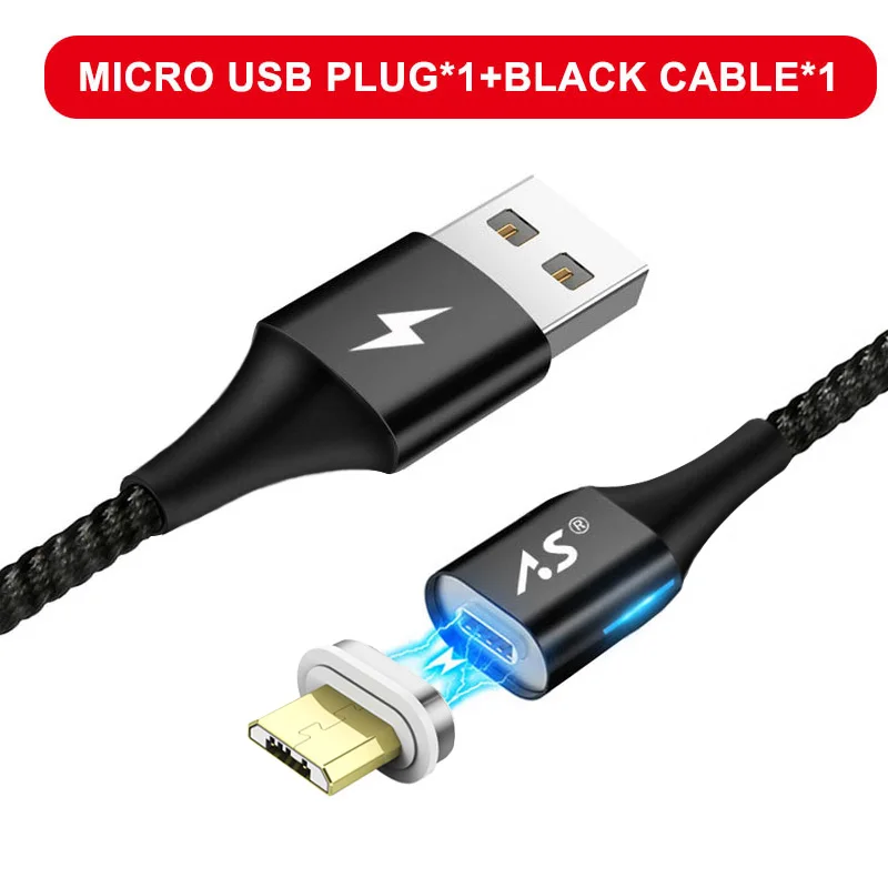 A.S светодиодный магнитный USB кабель для iPhone Micro USB кабель USB C магнит быстрое зарядное устройство нейлоновый кабель для передачи данных для samsung Xiaomi huawei - Цвет: Black for Micro