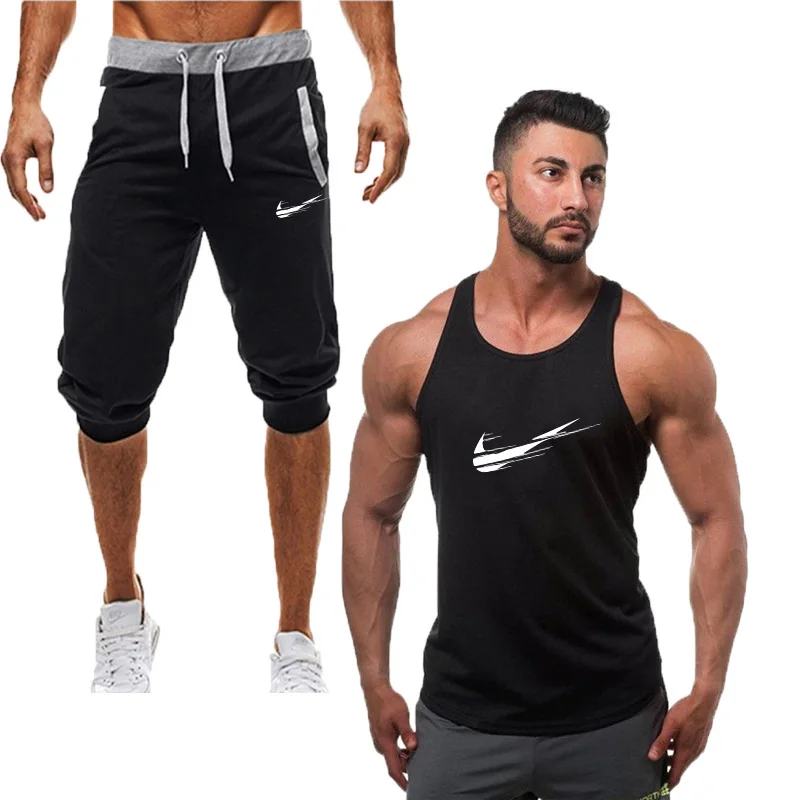 

2019 Fashion casual Hot-Selling Large size New Man's Vest suit+gym Shorts Men Summer Gym Shorts Men Brand New Board Short