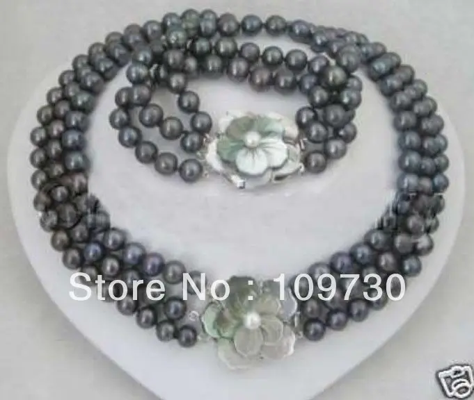 

Jewelry 00366 Noblest 3 row 7-8MM black pearl necklace bracelet set (A0423)