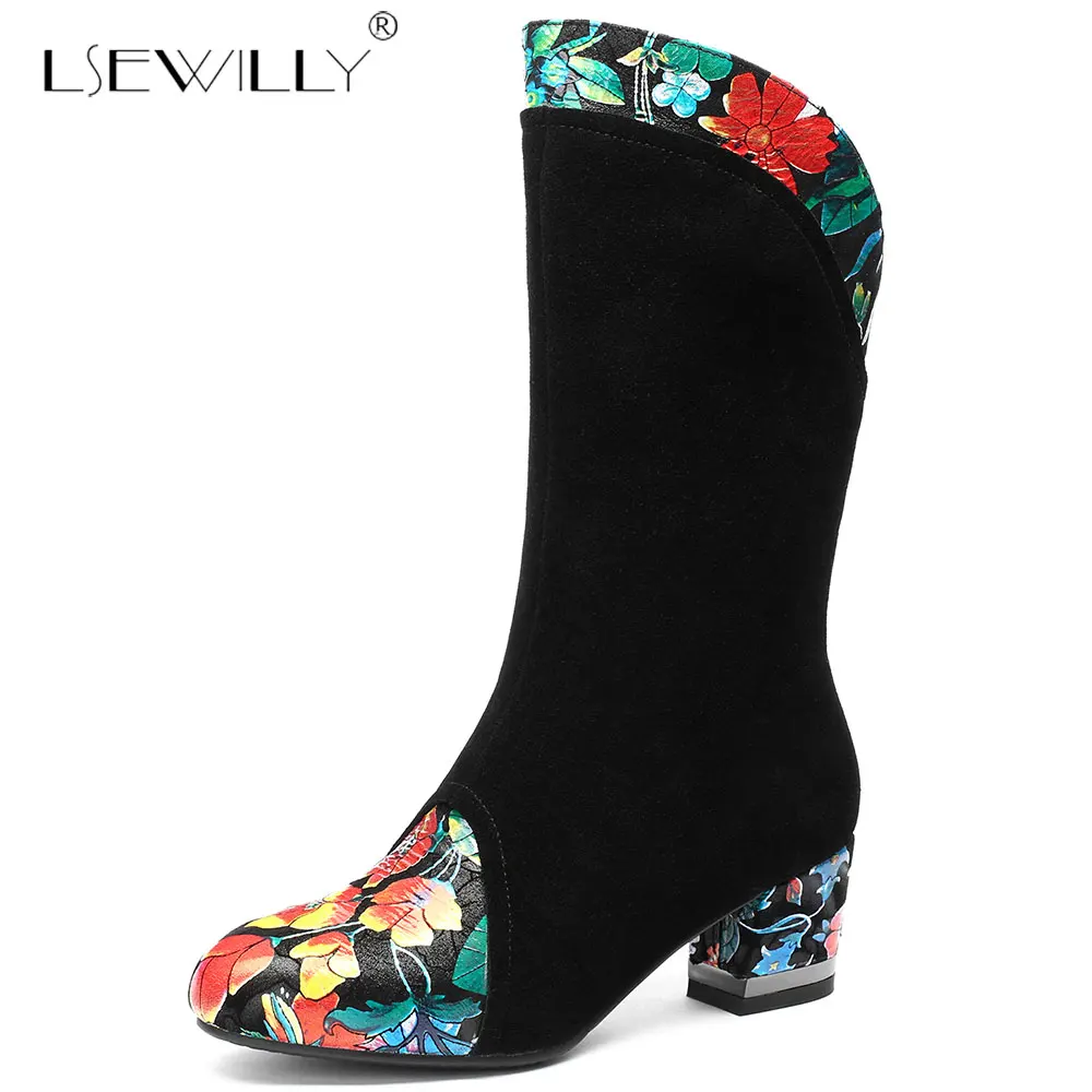 

Lsewilly Flower Embroidered Fashion Winter Women Black Mid Calf Boots Ladies Warm Fur Thick High Heel Shoes Zapato Mujer E393