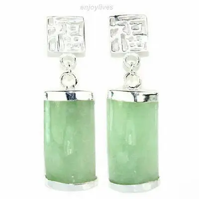 

Free shipping Natural Light Green Jade White Gold Plated Fortune Dangle Earrings