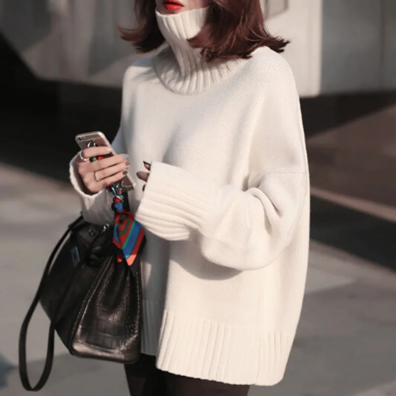 

Korean Fashion Women Sweater Lady Knitwear Autumn Top New Pure Leisure Loose Unlined Upper Garment Sweater Thickening Turtleneck