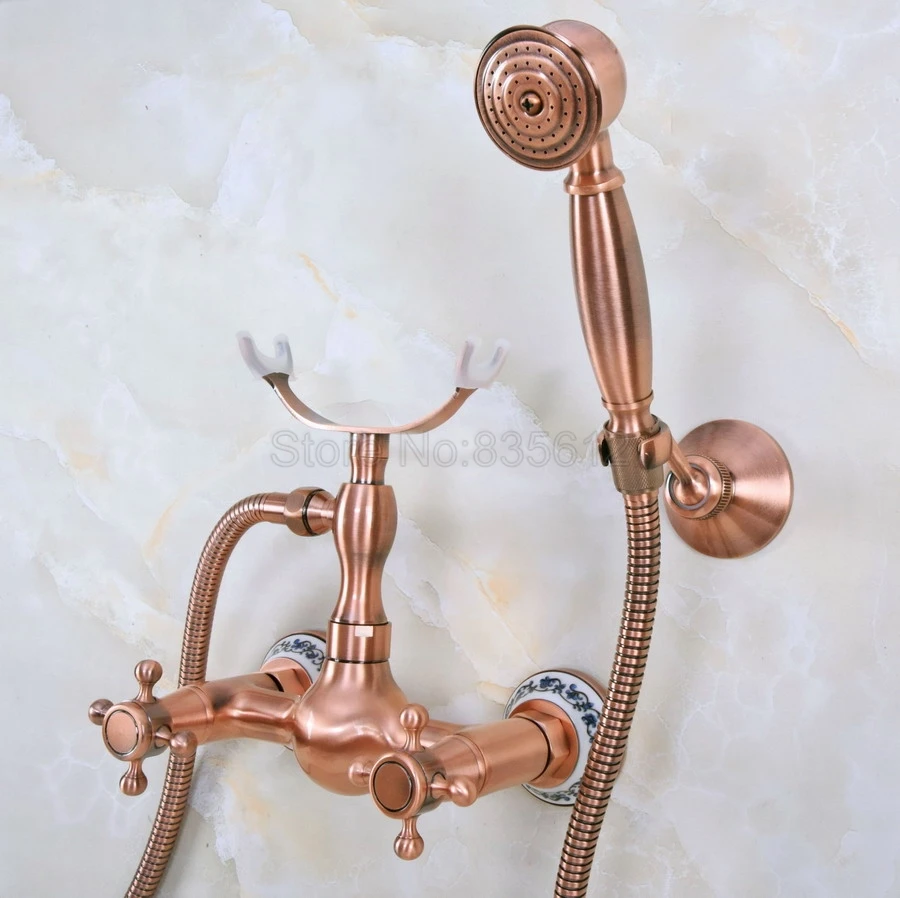 

Antique Red Copper Wall Mounted Bathroom Shower Faucet Telephone Bath Bathtub Faucets with Hand Shower Tap tna343
