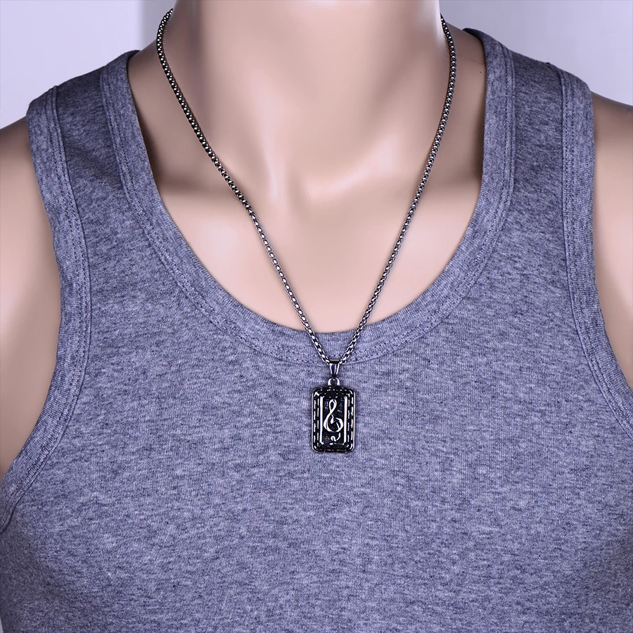 HOBBORN Hiphop Music Note Necklaces & Pendents Stainless Steel Rock Pendent Charms Pattern Necklace Party Women Men Jewelry Gift