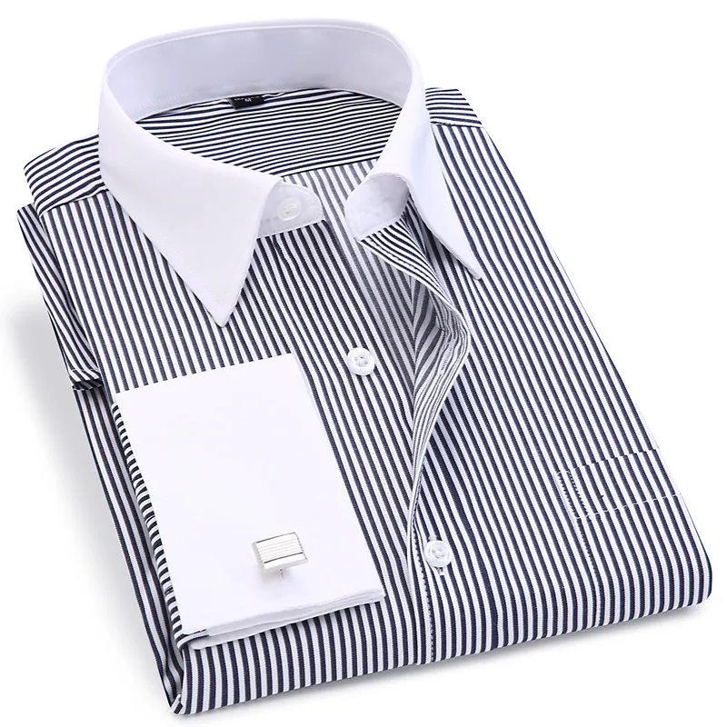 Goedkoop Hoge Kwaliteit Gestreepte Mannen Franse Manchetknopen Casual Dress Shirts Lange Mouwen Witte Kraag Design Stijl Bruiloft Smoking Shirt 6XL