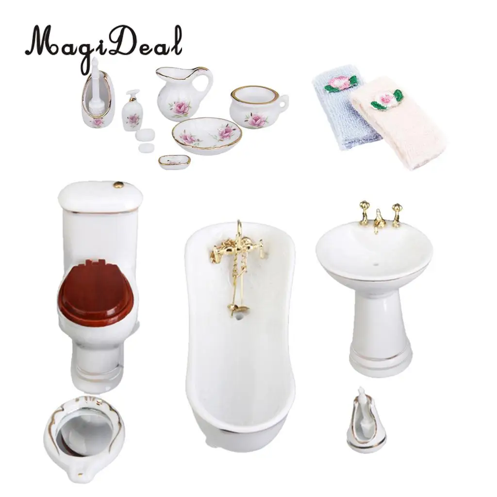 Dollhouse 1:12 Scale Bathroom Porcelain Toiletries Containers Wash Cloth Furniture Kit for Dolls House Life Scene Decor Toys
