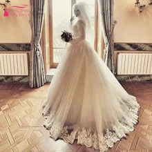 Luxury Jewel Lace Long Sleeves Muslim Hijab Wedding Dress 2016 lace up back lace applique islamic Bridal Gowns Vestido De Noiva