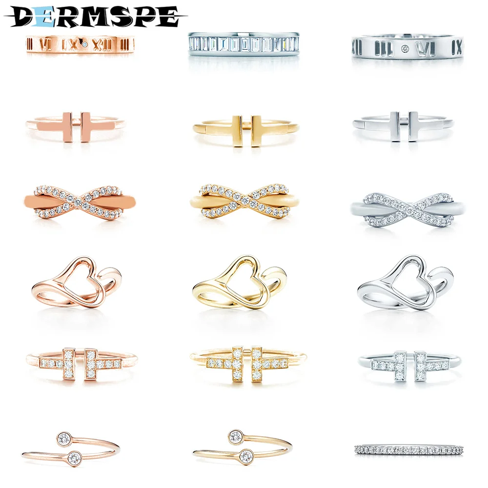

DERMSPE 100% Real Silver S925 Zircon Double T Open Ring Female Same Fashion Rose Gold Adjustable Jewelry Original Woman Gift