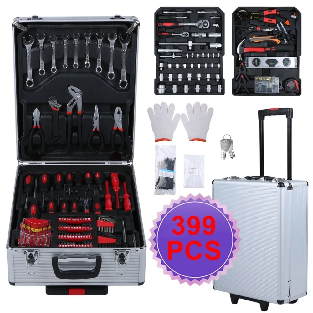 

399PCS/SET Tool Trolley Suitcase Set With Aluminum Alloy Storage Box Universal Mobile Workshop Toolbox Garage Precision Tools