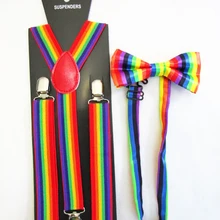 Новая мода 2,5 см Широкий зажим на регулируемые унисекс радужные полосатые подтяжки и лук наборы галстуков для женщин мужские