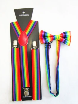 

2018 New Fashion 2.5 Cm Wide Clip On Adjustable Unisex Rainbow Striped Suspenders Braces And Bow Ties Sets For Women Mens