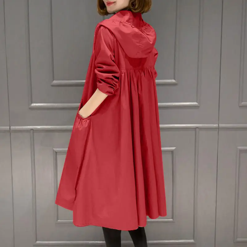 

2019 New Spring Autumn Women Casual Loose Plus Size Pleated Hooded Mid-Long Trench Coat Female Elegant Zipper Windbreaker R137