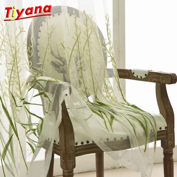 

Green Flower Embroidered Tulle Curtains for Living Room Grass Rural Yarn for Bedroom Green Window Treatment Yarn X-WP271 *40