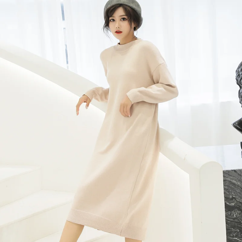 

Winter Dress Women 2018 Vintage Korean Fashion High Waist O-Neck Plus Size Sweater Dress Long Sleeve Knitted Dress Long Thick