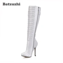 Batzuzhi-12cm; белые кожаные женские высокие сапоги; зимние сапоги до колена на шпильке; кожаные высокие сапоги; женские вечерние сапоги; Размеры 35-43