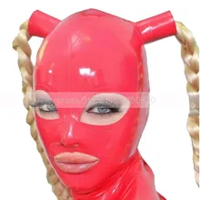 Red Rubber Latex Mask Hood Sexy Cat Women Party Hoods with Tube Pigtails Back Zip Handmade S-LM232