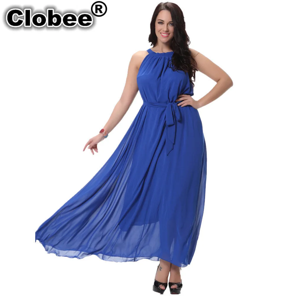 

Ethnic 2019 Summer Elegant Beach Chiffon robe chemise Sleeveless Blue White Maxi Long Dress Plus Size Women Clothing 5XL 6XL