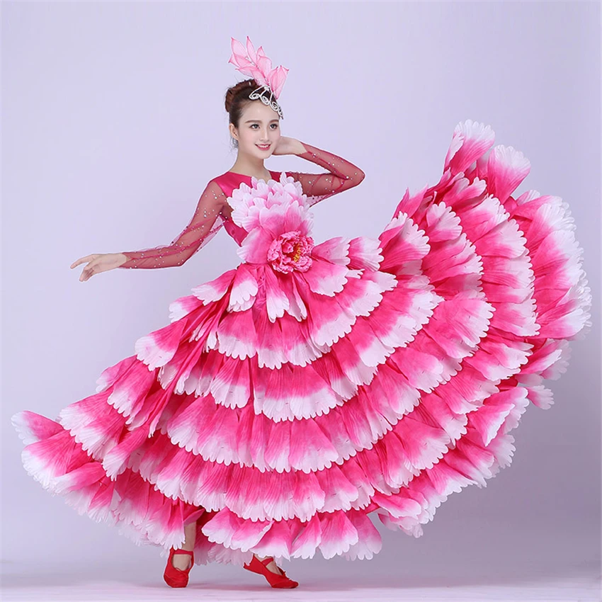 360-720 Degree Flamenco Dress for Women Spanish Gypsy Petal Dance Costume Rose Red Bullfighting Dance Costume Flamego long Robe