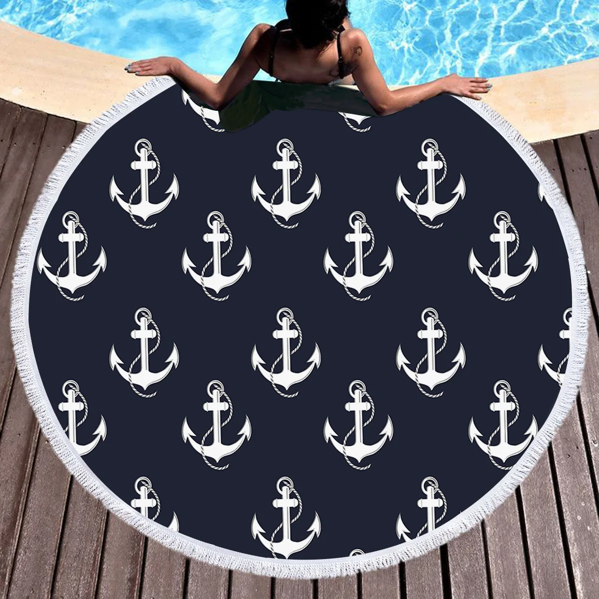 Anchor Printed Large Round Beach Towel for Adults Kids Microfiber