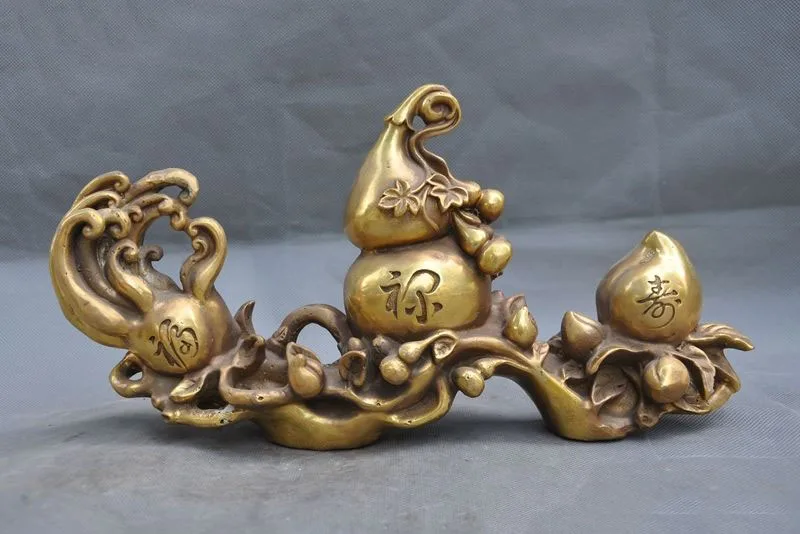 

christmas 13" Chinese Fengshui Brass Auspicious Longevity Gourd peach Ginseng sculpture halloween