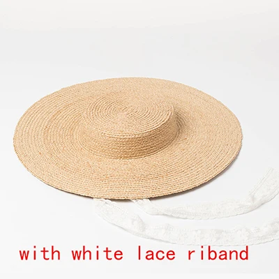 white band sun hat Европейская и американская мода ретро ремень женская соломенная шляпа летняя широкая с каймой плоскя солнце пляжная шляпа с кружевной лентой - Color: white band sun hat
