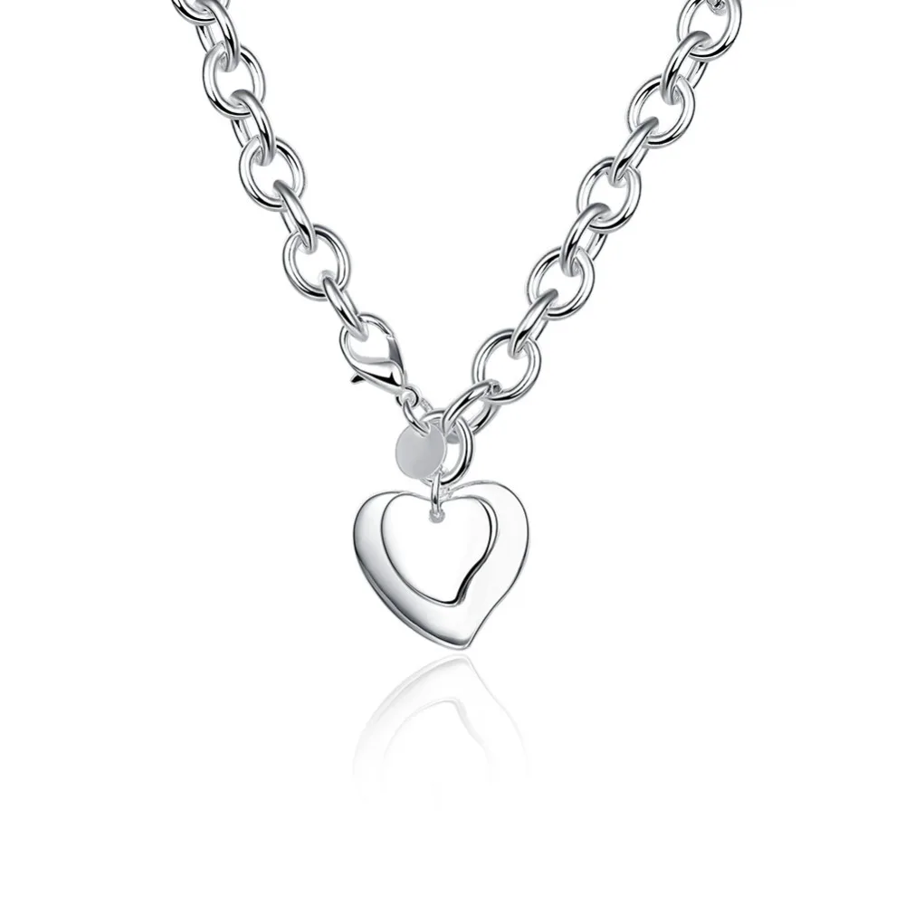 2017 statement necklace 925 sterling silver jewelry fashion link chain two double heart