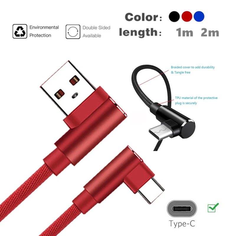 Зарядный кабель USB C 90 градусов 1 м 2 для Xiaomi Black Shark RED Magic Huawei P 20 P30 Pro Lite LG V30 V40 + Type