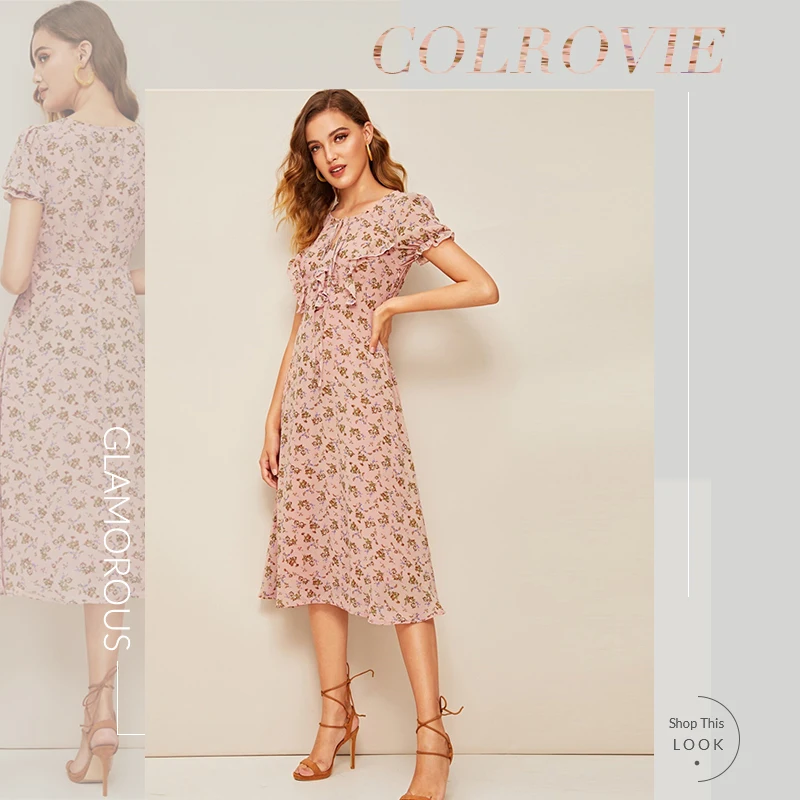 COLROVIE, розовое, с цветочным принтом, с завязками на шее, с рюшами, бохо, длинное платье для женщин, лето, пышные рукава, облегающие и расклешенные винтажные платья